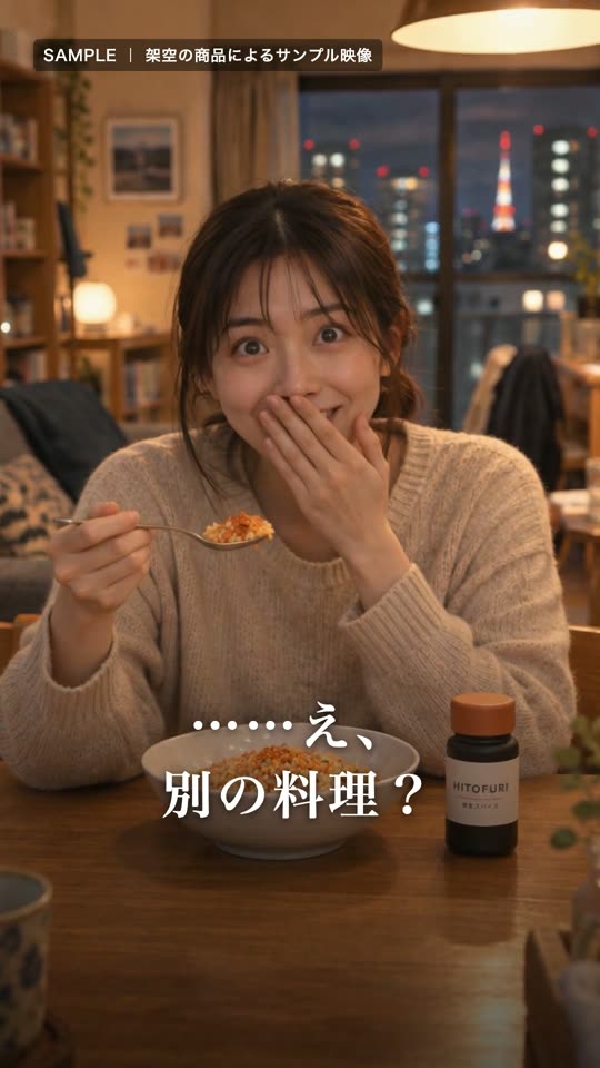 サンプル映像の場面:ひと口食べて驚く女性